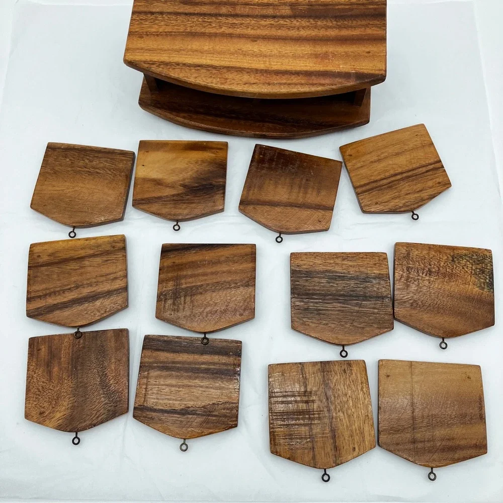 Vintage Wood Coaster Set MCM 12pc Brown Cork Lined with Holder